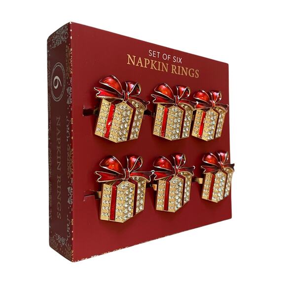 Envogue Rhinestone CHRISTMAS Present Napkin Rings Set of 6 Holiday Red Gold New - Picture 9 of 13